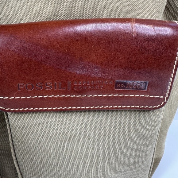 Fossil Green Canvas Brown Leather-Trim Backpack Travel Bag - Picture 3 of 13